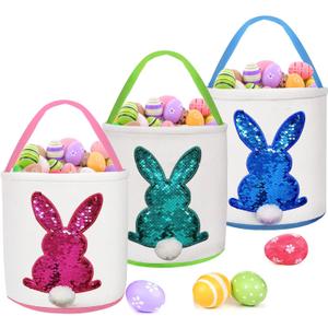 3 Pack Easter Eggs Baskets for Kids,Canvas Personalized Easter Bunny Baskets Bucket Tote Gifts Bags with Rabbit Fluffy Tail for Girls Boys Easter Eggs Hunt Easter Party Favors Decorations Toy