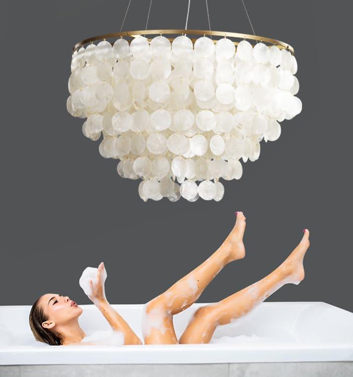 Modern Capiz Chandelier Lighting 5 Lights, Natural Shell Hanging Ceiling Light Fixtures Contemporary Seashell Coastal Chandeliers for Living Room Hallway Foyer