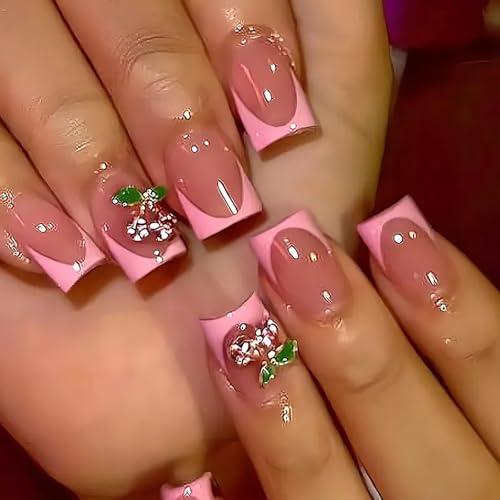 Press on Nails Extra Short Square SWEKKE French Tip Fake Nails False Nails with Designs Cherry Charms Full Cover Glossy Glue on Nails Cute Acrylic Artificial Nails for Women Girls 24Pcs