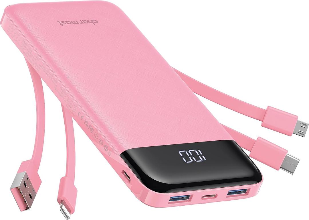 Portable Charger with Built in Cables, Portable Charger with Cords Wires Slim 10000mAh Travel Essentials Battery Pack 6 Outputs 3A High Speed Power Bank for iPhone Samsung Pixel LG Moto iPad (Pink)