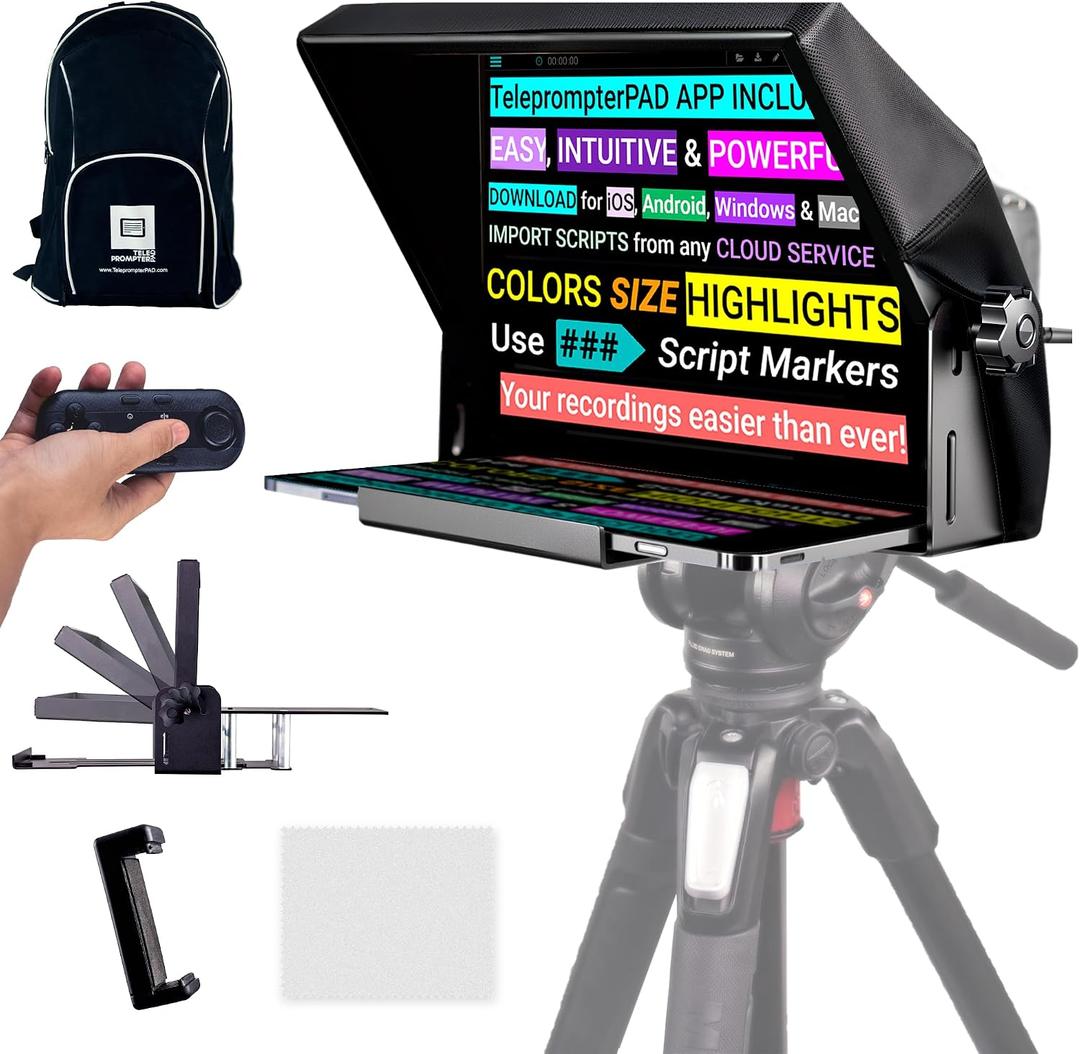 iLight PRO 12" Autocue teleprompter iPad Tablet - Kit teleprompter for Video with Remote Control, APP & Carry Bag, Beam Splitter Prompter DSLR, iPhone, APP for Apple Android Mac Win