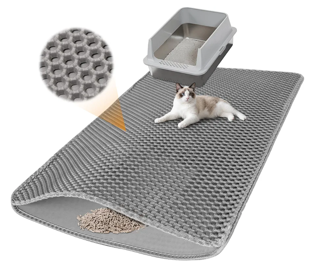 Large Cat Litter Mat for Litter Box, 47"×27.5" Double Layer Trapping Mat, Non-Slip Water Proof Kitty Litter Pad, Grey