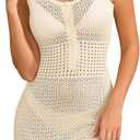 Women's Crochet Swimsuit Coverup Hollow Out Sleeveless Dress for Women 2026 Knit Button Tank Dresses (Beige, XXL)