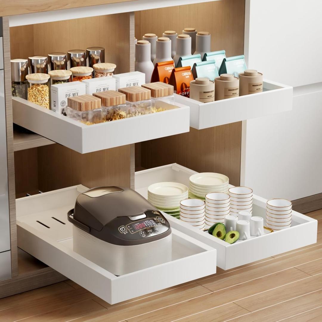 MUSTORN 2 Pack Pull Out Cabinet Organizer, 21.8" Deep Slide Out Drawer for Cabinets Adhesive Pull Out Drawers Heavy Duty Pull Out Shelves for Kitchen, Cupboard, Pantry, Bathroom-White