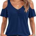 Micoson Summer Cold Shoulder Tops for Women V Neck Short Sleeve Shirts Ladies Cute Casual Blouse Going Out Outfits (S)