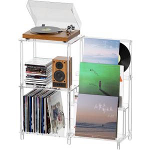 HMYHUM Acrylic Record Player Stand with Vinyl Storage, 3-Tier Table with Record Holder, Holds Up to 200 Albums, with Dividers
