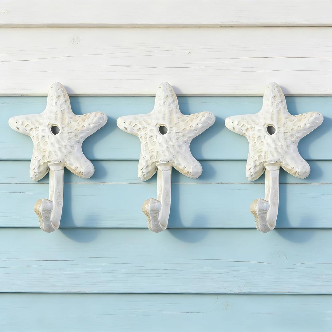 3Pack Cast Iron Starfish Coat Hooks 4.2in Decorative Wall Hooks Nautical Decor Hooks for Pool Towel Holder Bathroom Bedroom and Kitchen