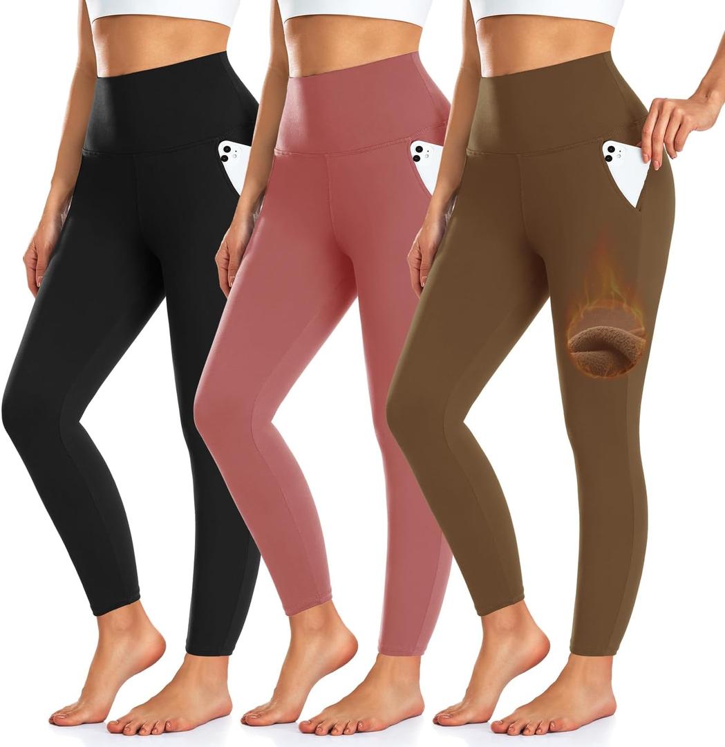 3 Pack Fleece Lined Leggings Women with Pockets -Warm Winter Yoga Pants for Women Thermal Running Workout Leggings (Large-X-Large, Black/Deep Red/Brown)