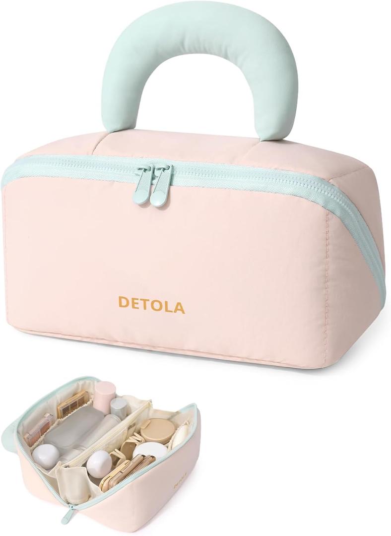 Detola Travel Makeup Bag, Cosmetic Bags for Women Lay Flat Makeup Bag with Compartments and Handle Waterproof Toiletry Bag Wide Open Portable Pouch Travel Essentials Gifts for Women, Pink