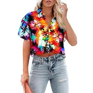 Cropped Hawaiian Shirts for Women Hawaii Tropical Button Down Tops Floral Tropic Print Summer Beach Outfits Orange, Medium