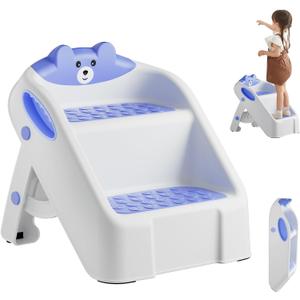 Toddler Step Stool for Bathroom Sink, 2 Step Stools for Kids, Kids Step Stool with Safety Non-Slip Pads and Handles, Foldble Kids Stool, Toddler Stool for Kitchen Toilet Counter Bed (Blue)