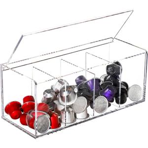 Suwimut Acrylic Coffee Pod Holder with Lid, 4 Compartments Coffee Capsule Storage Organizer for Tea Bag, Sugar Packets, Clear Acrylic Storage Box for Kitchen Counter