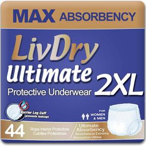LivDry Ultimate XXL Adult Incontinence Underwear, High Absorbency, Leak Cuff Protection, XX-Large, 44 count