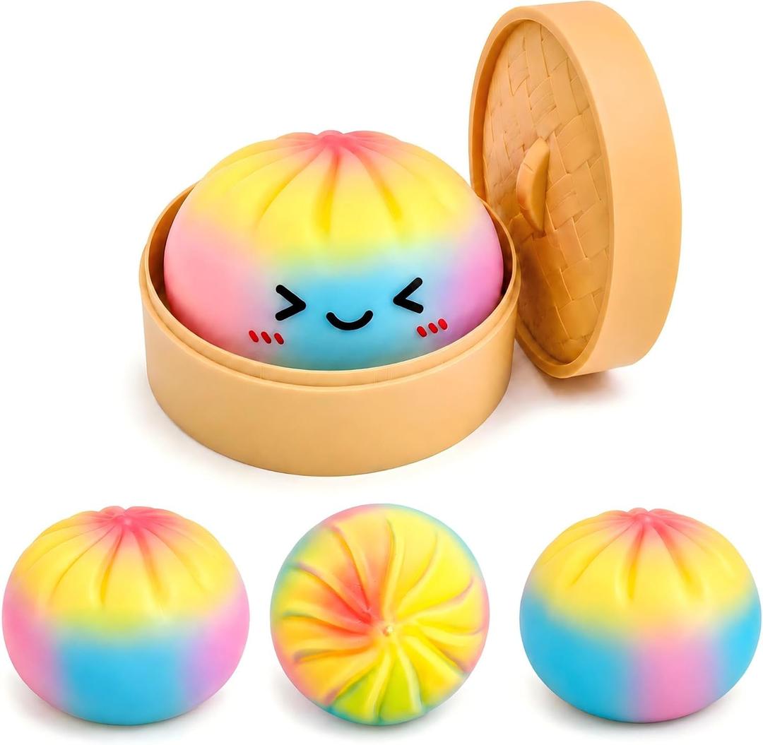 Mystery Rainbow Dumpling Squishies with Steamer Box, Soft Stretchy Bao Bun Stress Relief Balls, Sensory Fidget Squeeze Toys for Anxiety Relief, Decompression Desk Toys