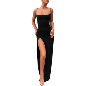 PRIMODA Women's Spaghetti Strap Bodycon Maxi Dress Long Formal Thigh-high Slit Club Wedding Guest Dress (Black, S)