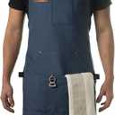 Asaya Chef and BBQ Apron with Bottle Opener and Hand Towel - 10oz Cotton Canvas, Stainless Steel Hardware - Cross Back Straps (Blue)