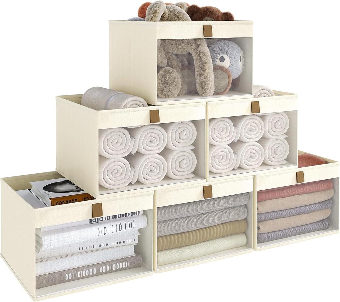 Linen Closet Organizers and Storage, Closet Storage Bins Basket Organizer, Foldable Organization Baskets with Mesh Window for Clothes Towels and Toys, 12.75" x 12.75" x 9", Beige, 6 pack