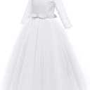 Girls Flower Vintage Floral Lace 3/4 Sleeves Floor Length Dress Wedding Party Evening Formal Pegeant Dance Gown (White), Size 170