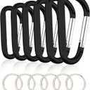 6PCS Black Carabiner Carabiner Clip, 3" Large Aluminum D Ring Shape Carabiner with 6PCS Keyring Keychain Hook