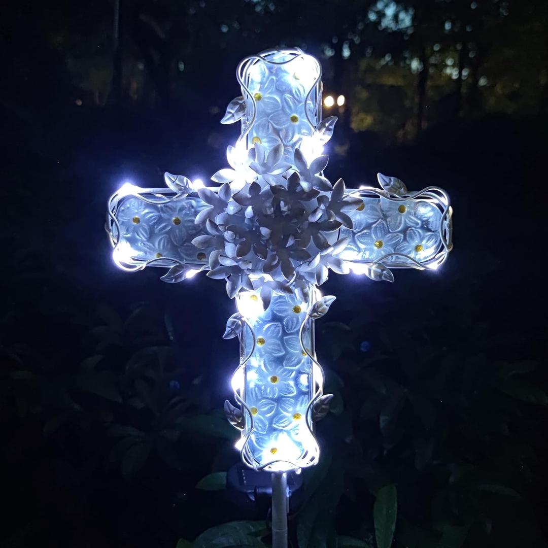 38Inch Solar Cross Garden Lights Outdoor Decorative - Solar Metal&Glass Cross White Hydrangea Flower Stake Lights- Waterproof 20 Warm White LED for Remembrance Gifts & Sympathy Gifts.
