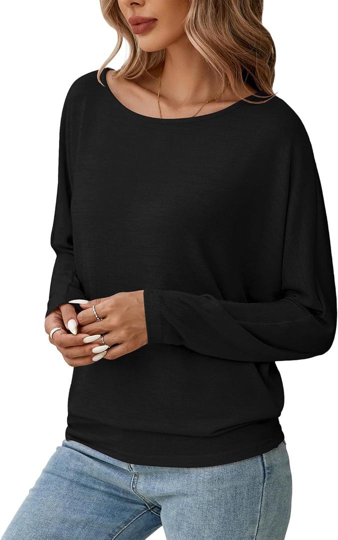 Womens Long Sleeve Shirts Fall Tops Casual Boat Neck Dolman Sleeve Basic Tee Shirts Fashion 2025 (Small, A-01 Black)
