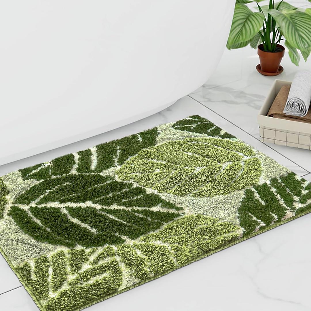 Sage Green Plant Non Slip Bathroom Rugs Cute Monstera Leaf Absorbent Bath Mat Funny Botanical Floor Bathmat Washable Large Bath Matt Bathroom Decor-20''x32''