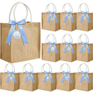 Locmeo 12 Pack Coastal Burlap Bags Last Toast on the Coast Jute Handbags with Blue Ribbon Seashell Tags Reusable Gift Bags for Summer Beach Ocean Bachelorette Party