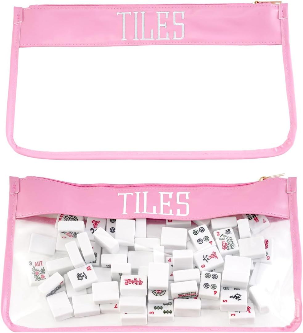 2 x FUYIHGL Mahjong Tiles Bag with Zipper - Pink Clear Carrying Pouch Storage Holder with Embroidery Lettering Case Only - American Mah Jongg Accessories and Gifts for Women Travel Party Game Night