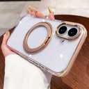 OWLSTAR for iPhone 16 Case with 360 Rotatable Magnetic Ring Stand, Compatible with MagSafe, Non-Yellowing Clear Hard-Back Protective Kickstand Phone Case 6.1 inch (Gold)