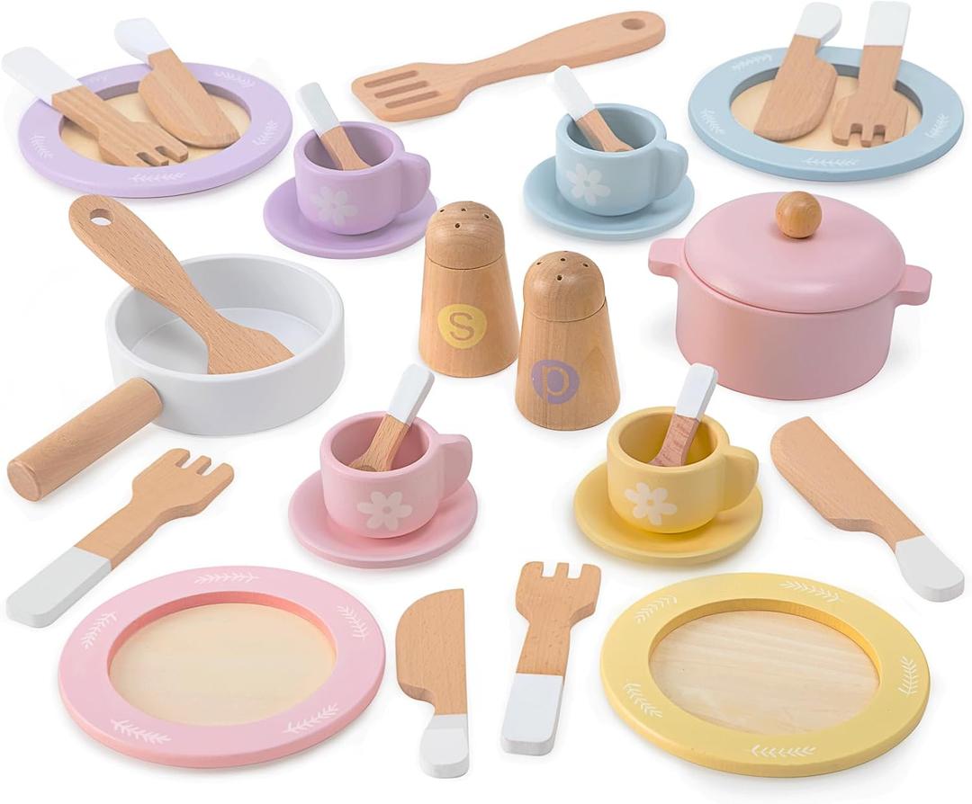 Frogprin 30 PCS Wooden Toy Plates and Dishes for Kids, Play Kitchen Accessories Set, Pretend Play Food Sets for Children Kitchen, Montessori Toys for Girls and Boys