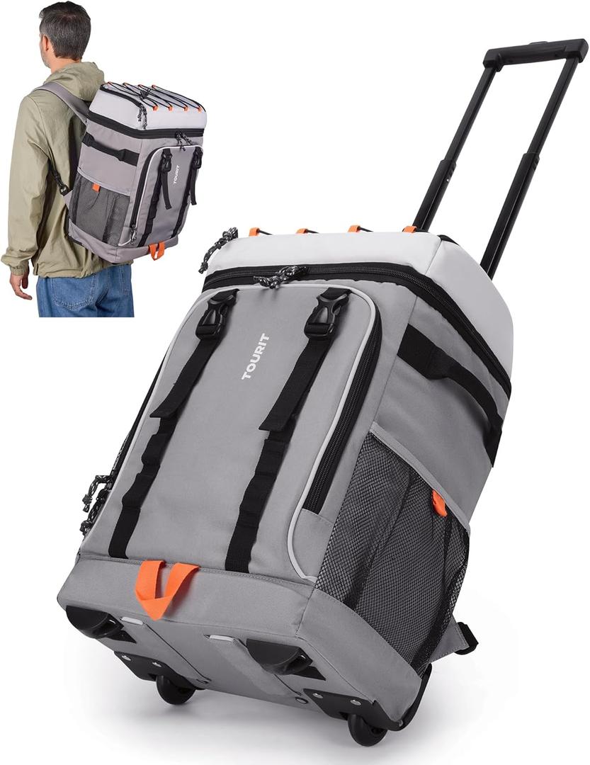 TOURIT 50-Can Rolling Backpack, Double Deck & Dual-Bar Handle Travel Soft Cooler Bag with Wheels, 30L Space Beach Cooler Size 18"(15"+3")13"11" (01-Grey)
