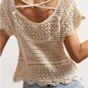 MakeMeChic Women's Summer Boho Crochet Tops Hollow Out Sweater Short Sleeve Backless Top Beach Coverup (Beige, L)