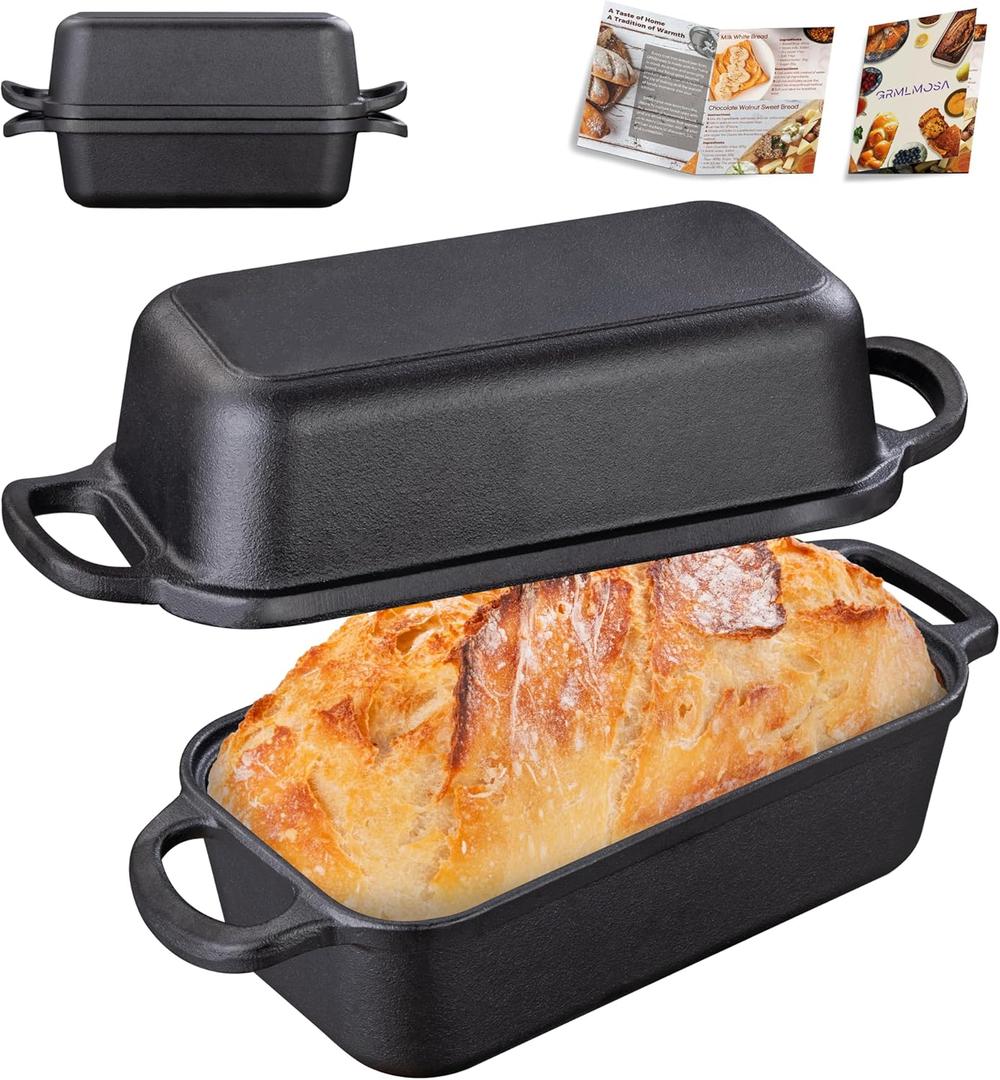 GRMImosa 2 in 1 Cast Iron Bread Loaf Pan with Lid, Loaf Pans for Baking Bread 9x5 Inch, Even Heat Distribution for Meatloaf, Homemade Bread