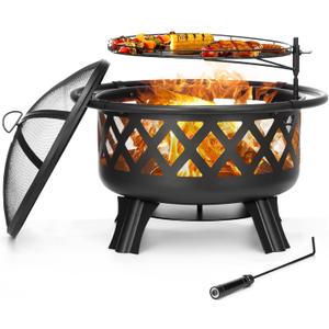 SINGLYFIRE 30 Inch Fire Pits for Outside with Grill Outdoor Wood Burning Firepit Large Steel Firepit Bowl for Patio Backyard Picnic Garden with Swivel BBQ Grill, Ash Plate,Spark Screen, Poker