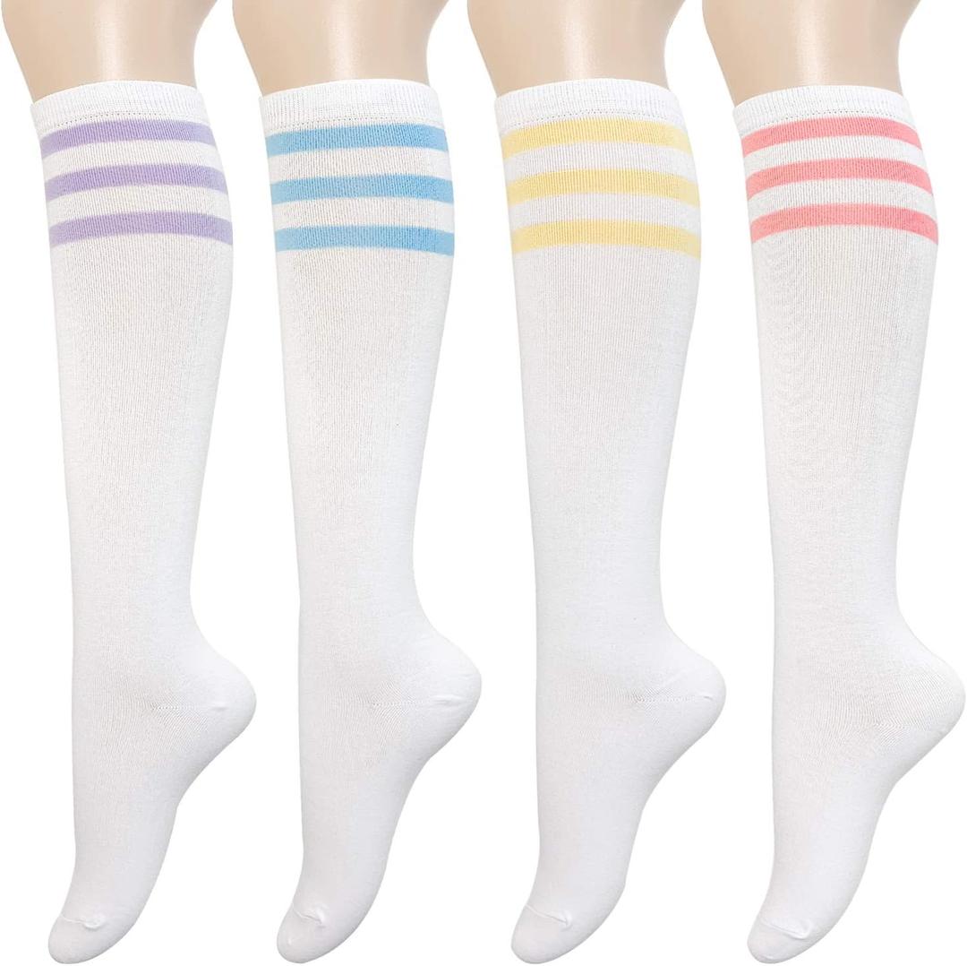 KONY Women's Cotton Knee High Socks - Casual Solid & Striped Colors Fashion Socks 3 Pairs (Womens Shoe Size 5-9) (Medium, Triple Stripe White)