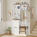 Hall Tree with 2 Flip-Down Shoe Cabinet for Entryway | Coat Rack with Shoe Bench, Open Shelves, Pegboard, and Coat Hooks, for Living Room, Cloakroo, Bedroom, White and Walnut