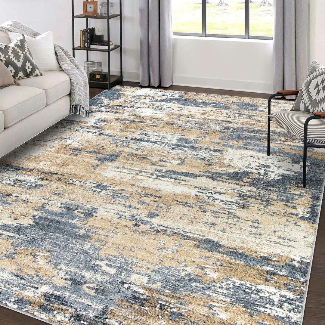 Area Rugs 6x9 Living Room: Large Soft Washable Rug Modern Abstract Anti-Skid Non-Shedding Carpet Indoor Floor Thin Carpets for Bedroom Dining Room Farmhouse Nursery Home Office Brown Blue
