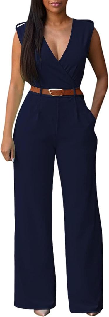 Pink Queen Jumpsuits for Women Dressy V Neck Sleeveless Wide Leg Long Pants Rompers (XX-Large, Z-Dark Blue)