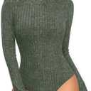 MANGOPOP Women's Long Sleeve Bodysuit Crew Neck Sweater Slim Fitted Body Suit Thermal Fleece Ribbed Knit Fall Tops 2025,S