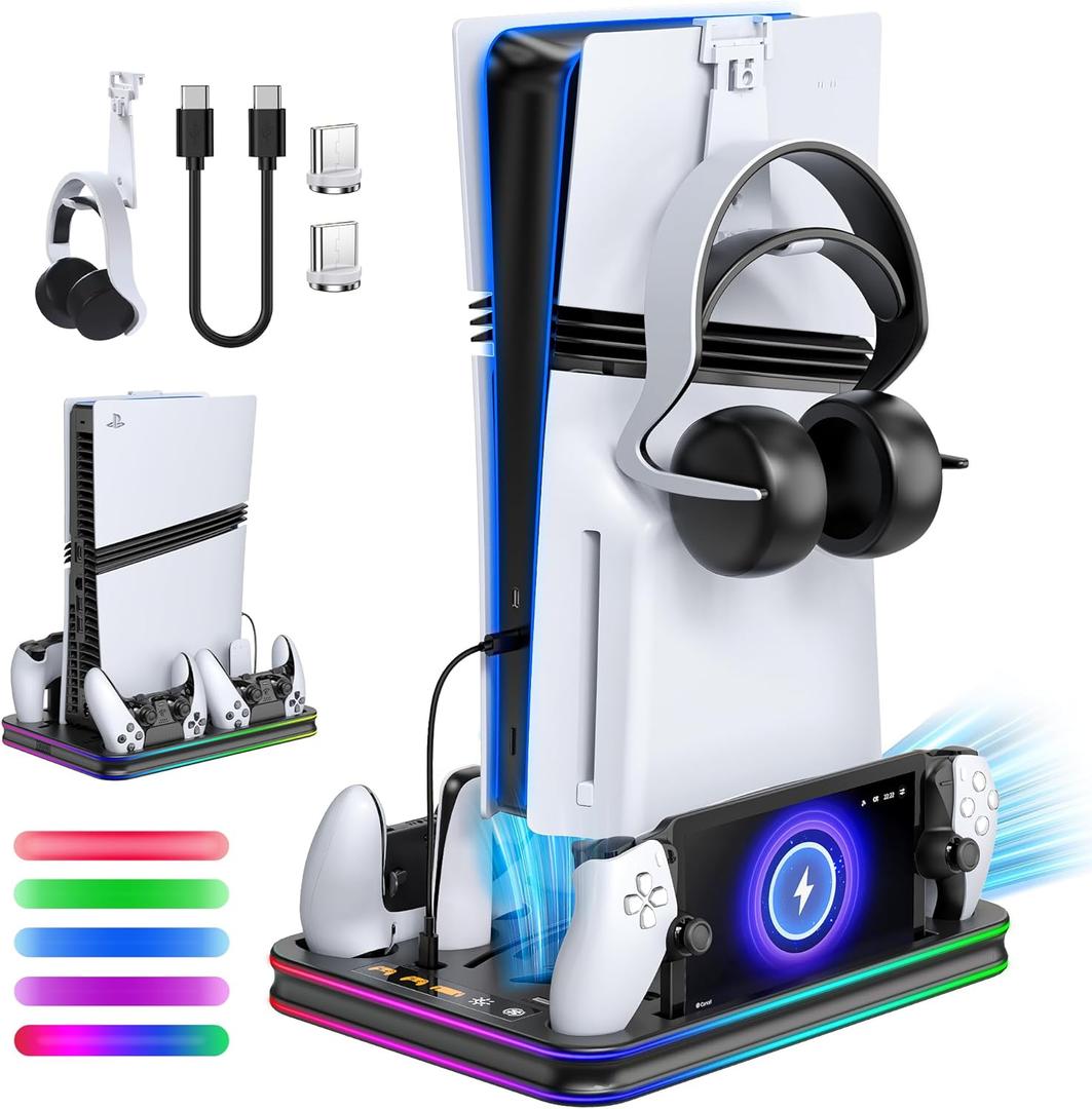FYOUNG All in One Cooling Stand & Charger Station for PS5/Slim/Pro Console and Controller Charing Dock, Charging Stand for PlayStation Portal, Headset and Remote Holder with RGB Light Stand (Black)