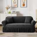 WONGS BEDDING Stretch Velvet Sofa Slipcover, Cushion Couch Cover with Skirt, Pet Friendly Durable Washable Stretchable, Easy Fit Universal Furniture Protector, (57"-73",Black) (Medium)