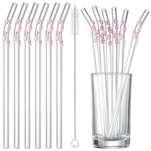 Honeydak 6 Pcs Pink Cherry Blossoms Glass Straws with Charms Cute Reusable Straws Glass with Brush Flower Shaped Clear Drinking Sucker Spring Party Decor Bachelorette Decor Bridal Engagement Drinkware