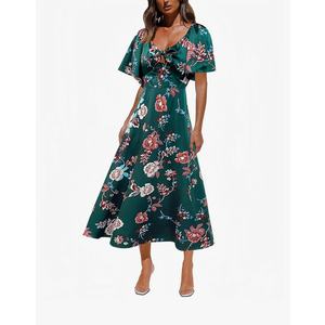 Fashionme Womens Dresses 2025 Maxi Dresses Deep V Neck Elegant Bow Tie Front Cap Sleeve Summer Floral Satin Smocked Dress M