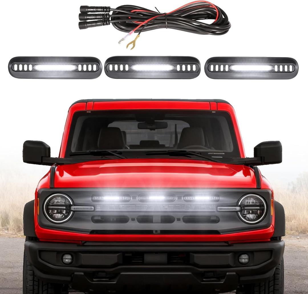 LED Grille Lights for Ford Bronco 2024 2021 2022 2023 Front Grill Inserts Light Snap-on Lamps Fits for Big Bend Outer Bank Accessories 2-4 Door (White Lights, 3PCS)