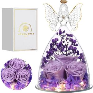 Mothers Day Mom Gifts for Women Preserved Flowers in Glass Angel Forever Flowers Gifts Eternal Roses Gifts for Grandma, Light Purple