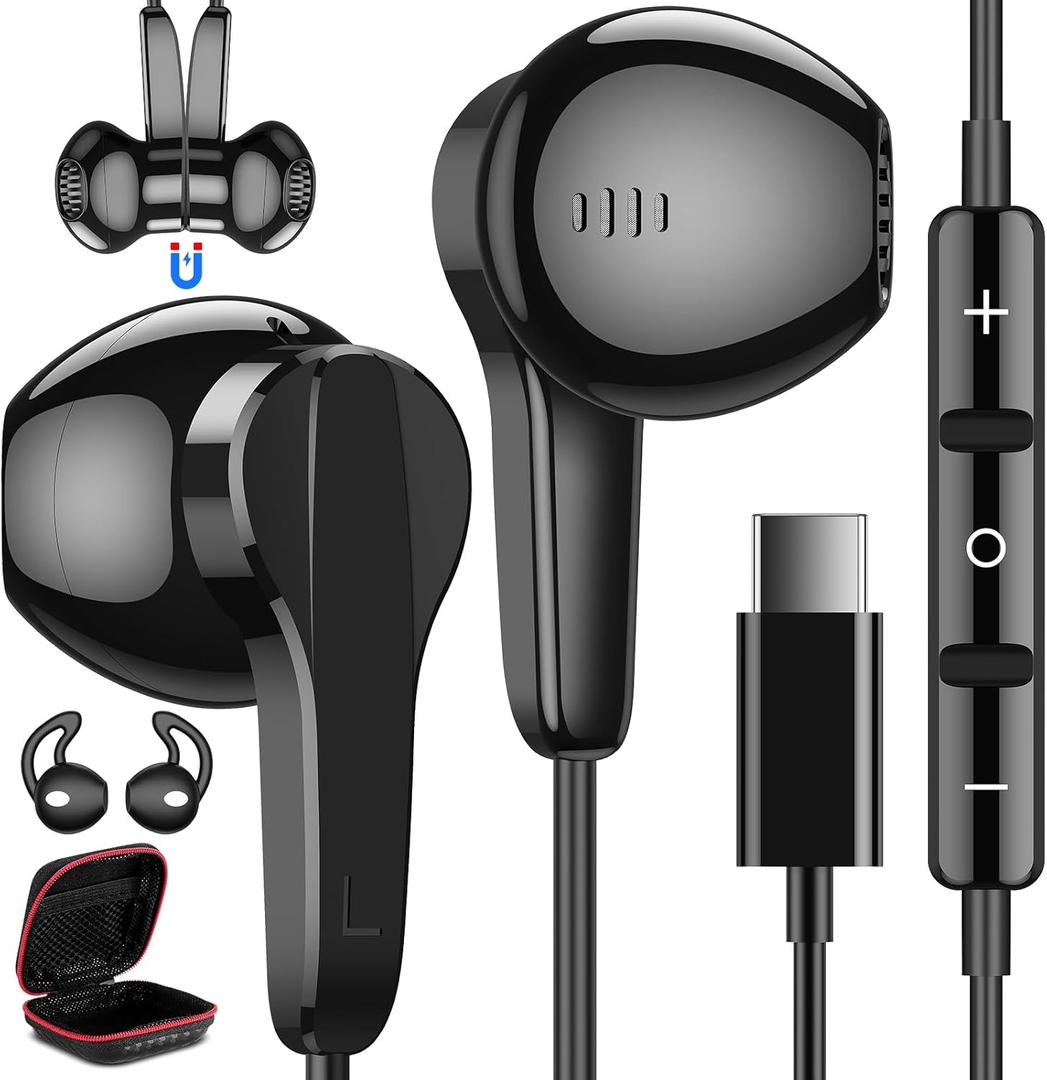 USB C Headphones for Samsung S25 Ultra S24 S23 Fe S22+, Type C Earphones with Microphone HiFi Stereo Volume Control Magnetic in Ear Wired Earbud for iPhone 17 Air 16 15 Pro Max Plus/Galaxy S26 Flip 7