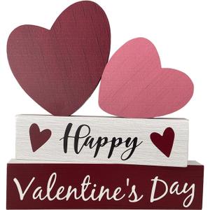 Valentines Table Decor, Happy Valentines Day Decorations for Home Office Indoor, Neutral Rustic Farmhouse Wooden Heart Signs for Mantel Shelf Decor, Valentine Centerpieces Decorative Signage