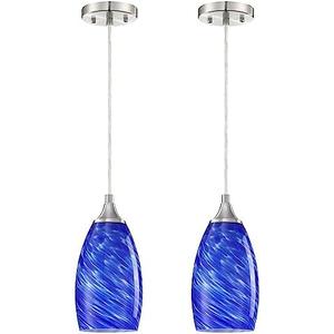 2 Pack Blue Glass Pendant Light Fixtures Small Hanging Kitchen Island Lighting Shade Farmhouse Hand Blow Lighting Fixture for Ceiling at Bar Dining Room Over Sink