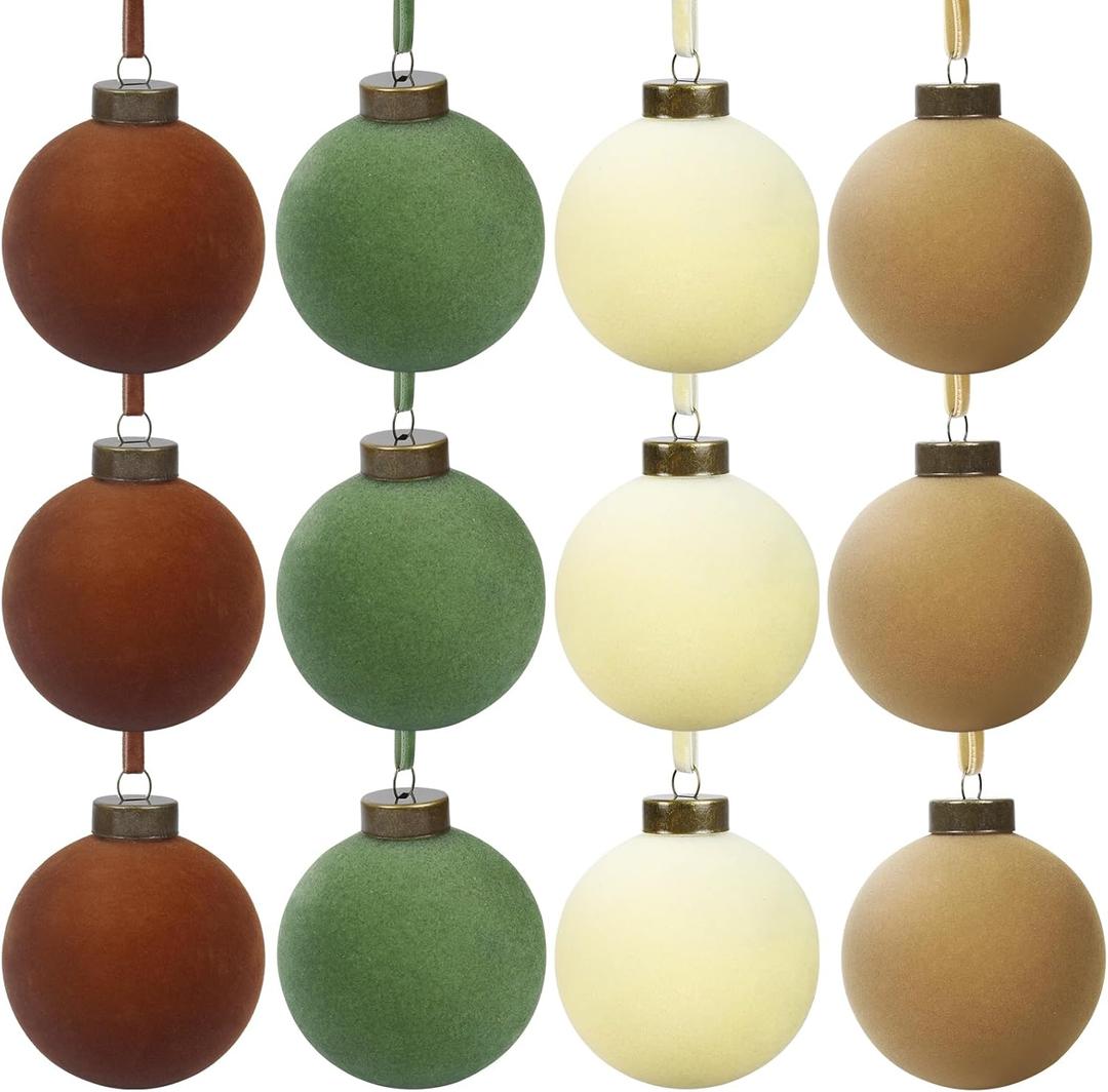 12 Pcs Velvet Christmas Balls Bulk Shatterproof Plastic Christmas Tree Decorations for Decorative Hanging Baubles (12, BrownGreenBeigeKhaki, 3.94Inch)