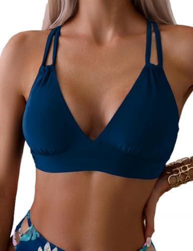 Tainehs Women's Push Up V Neck Bikini Tops Criss Cross Back Padded Bathing Suit Top Only Size M